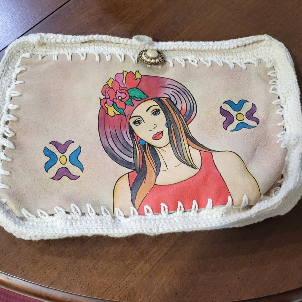 Cowhide  leather croched clutch hand painted - Picture 5 of 5